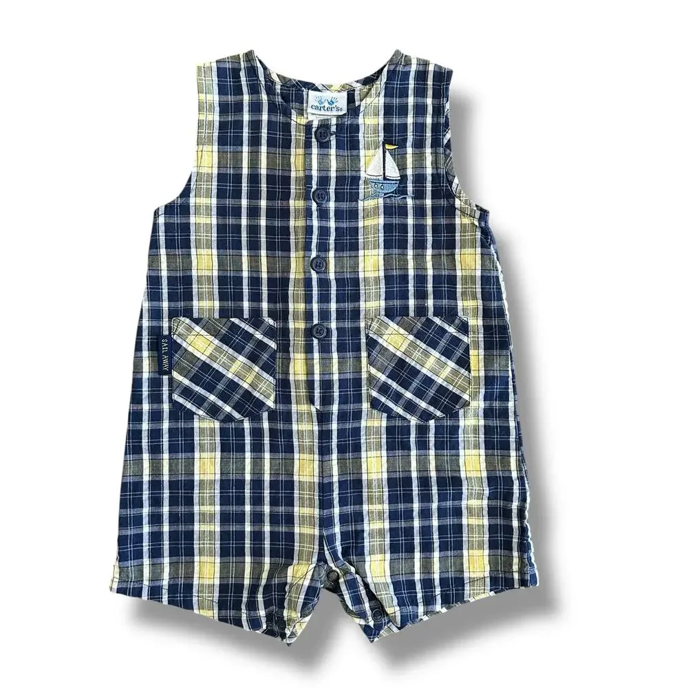 Carter’s Vintage‎ Plaid Embroidered Sailboat Romper Boys Size 18M Blue Yellow